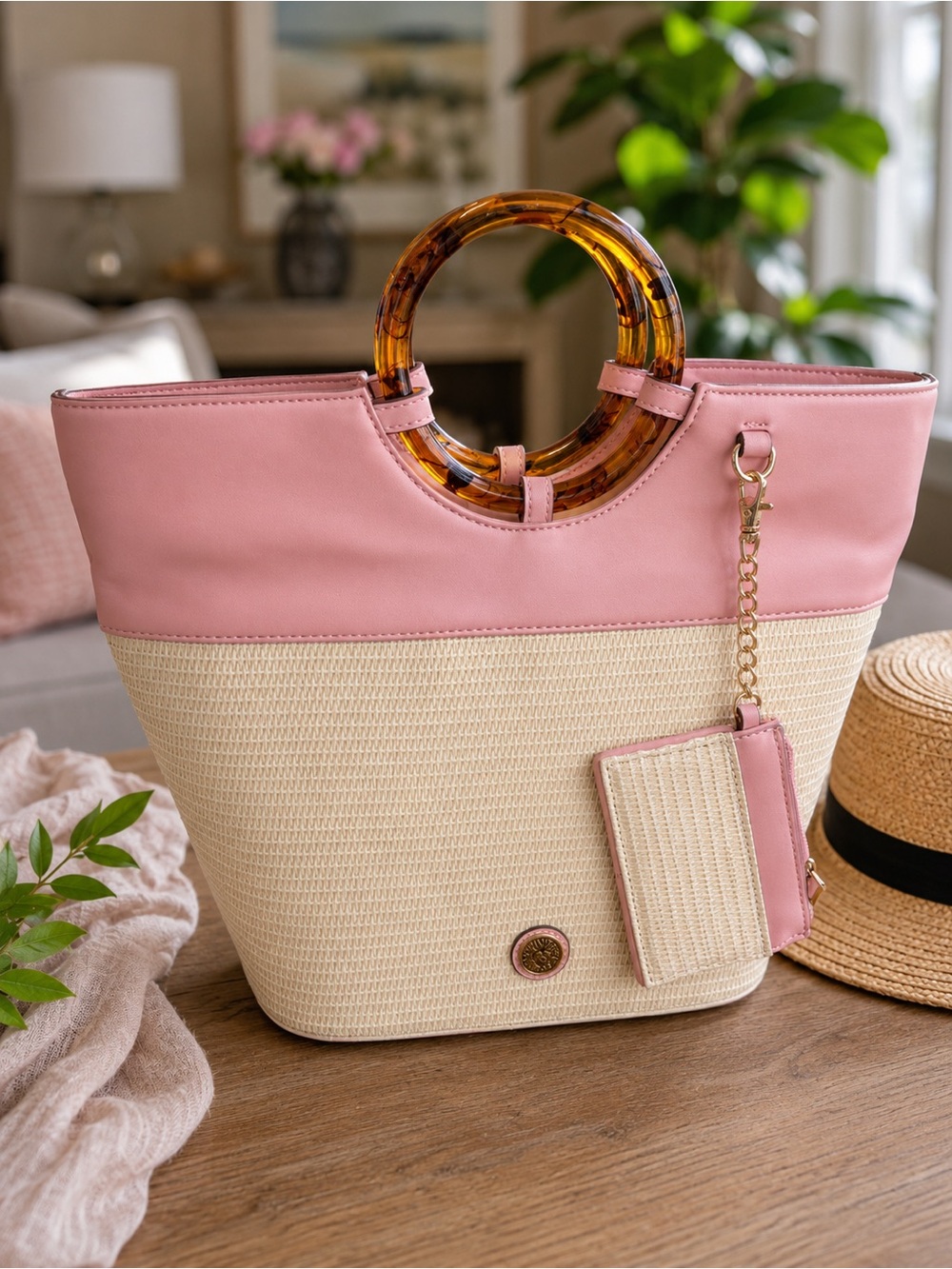 🌸 Anne Klein Pink & Straw Tote Bag 🌸